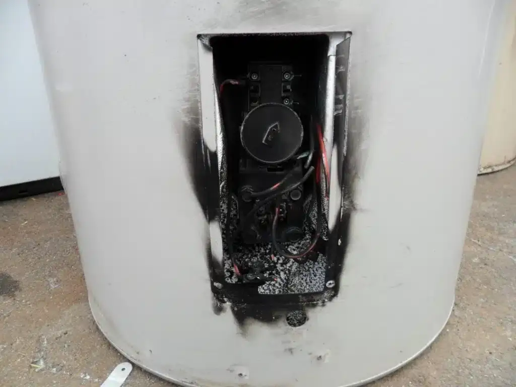 Burnt wiring on an electric hot water system after a handyman repair