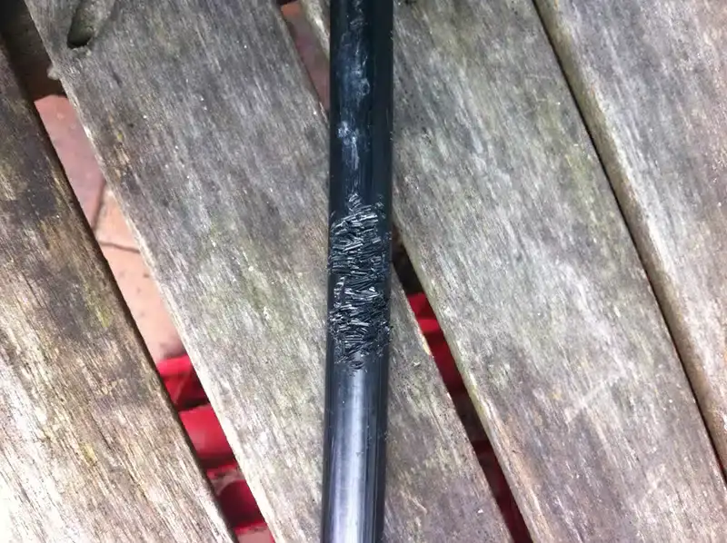 Black poly pipe chewed through by rodents