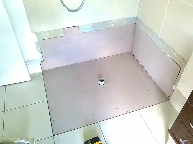 Waterproofed shower base ready for tiling